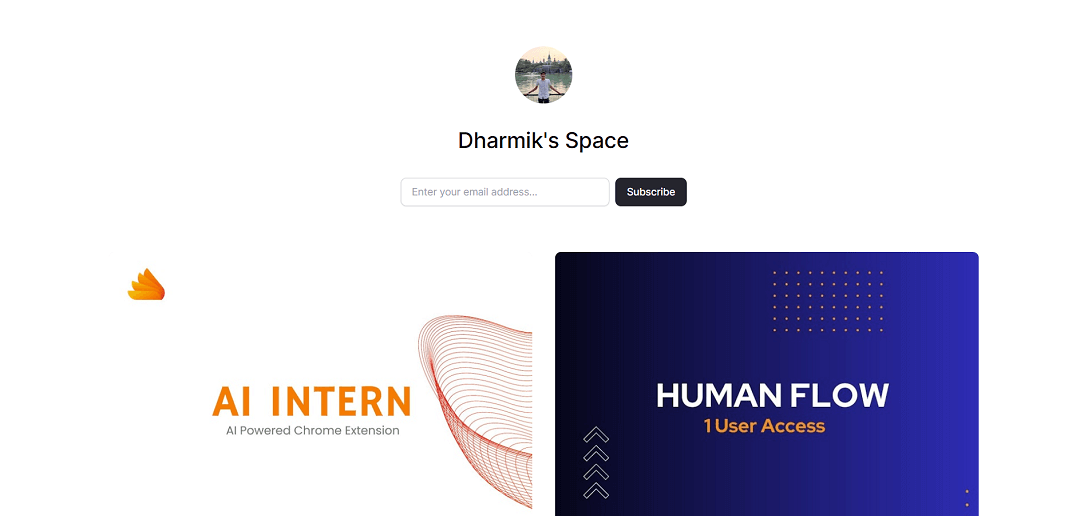 Dharmik's Space offers a web-based solution comprising two unique products to enhance ChatGPT's capabilities—a chatbot that answers questions. The first product, AI INTERN, is a Chrome extension powered by GPT, designed to overcome ChatGPT's question limit.