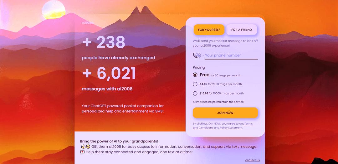 ai2006 is an AI-powered text messaging service offering personalized help and entertainment.