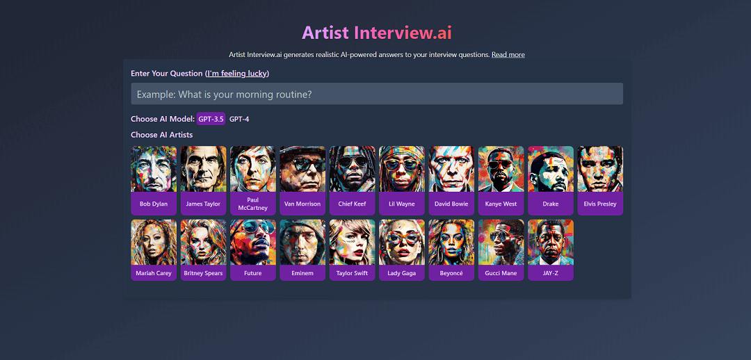 Artist Interview.ai is an AI-driven tool that generates realistic interview answers based on the lyrics of your favorite artist.