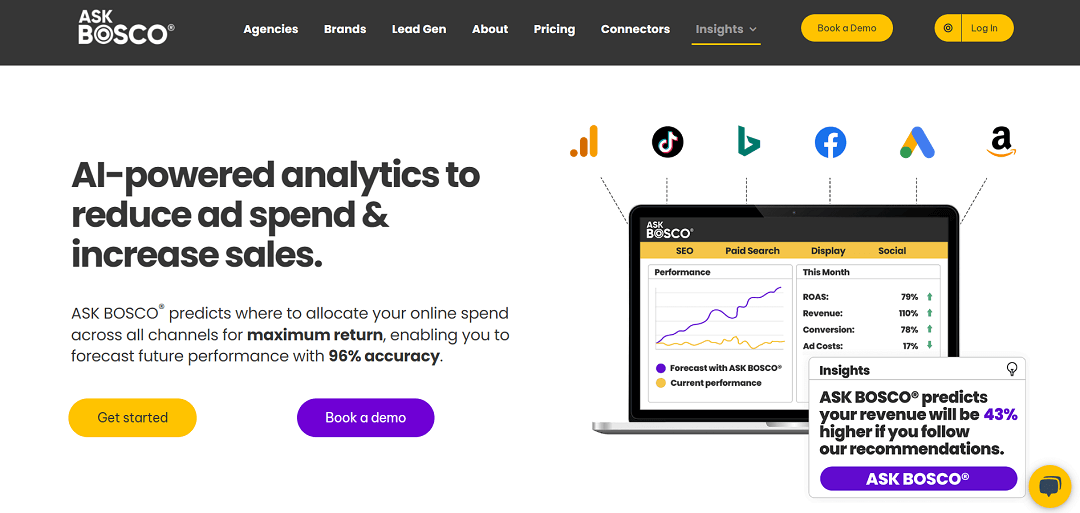 BOSCO™ functions as an AI-driven platform for smarter digital marketing budget decisions. By merging internal marketing data with algorithmic models, it generates tailored reporting dashboards.