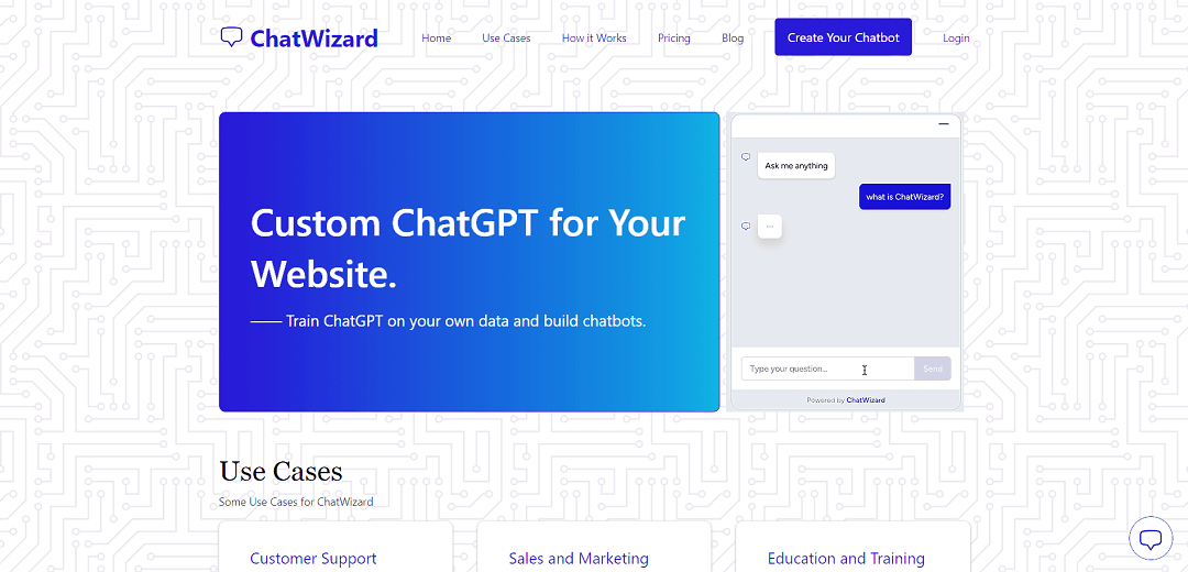 ChatWizard is an AI tool that assists website owners in building customized chatbots for their sites.