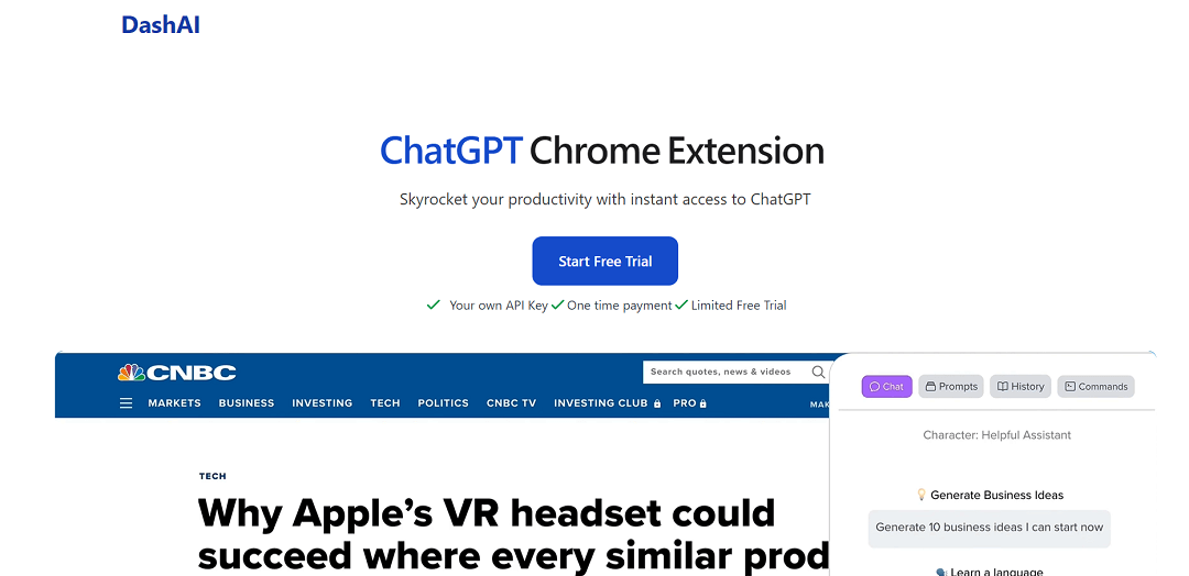 DashAI is a user-friendly Chrome extension that gives you instant access to ChatGPT, an AI language model, from any webpage. With a simple shortcut, you can open a side chat to execute commands on text and auto-fill text fields with AI-generated content.