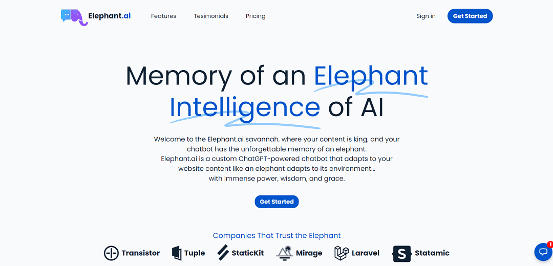 Elephant.ai is a customized chatbot powered by ChatGPT, designed to enhance user engagement, customer satisfaction, and brand presence on websites.