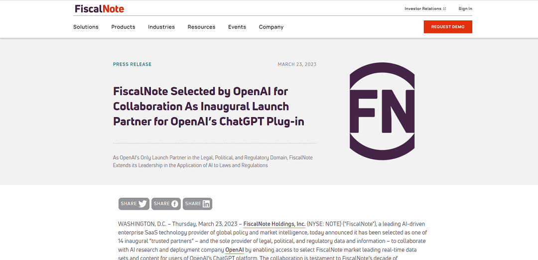 FiscalNote is an AI-powered tool that specializes in analyzing legal, political, and regulatory domains. As the exclusive partner of OpenAI in this field, FiscalNote takes the lead in applying AI to legal contexts.