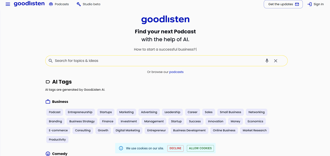 Goodlisten, an AI-powered tool, streamlines podcast clip and episode search, discovery, and sharing. Utilizing advanced AI search capabilities, it facilitates precise content retrieval across 50+ categories.