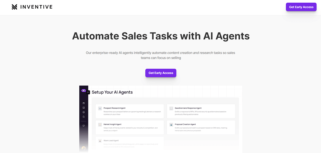 Inventive is a tool designed to streamline sales workflows through AI agents. These agents assist in content creation, research tasks, and overall sales productivity, freeing up sales teams to focus on core selling activities.