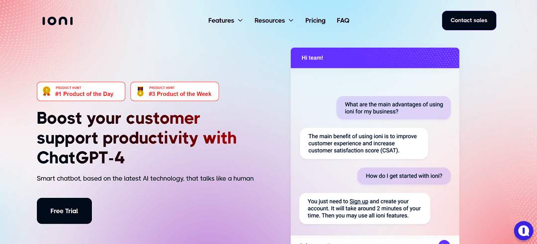 ioni is a ChatGPT-based AI platform that automatically generates responses to customer support inquiries, using knowledge bases as the main source. ioni helps to improve your customer experience and increase the efficiency of customer support teams.