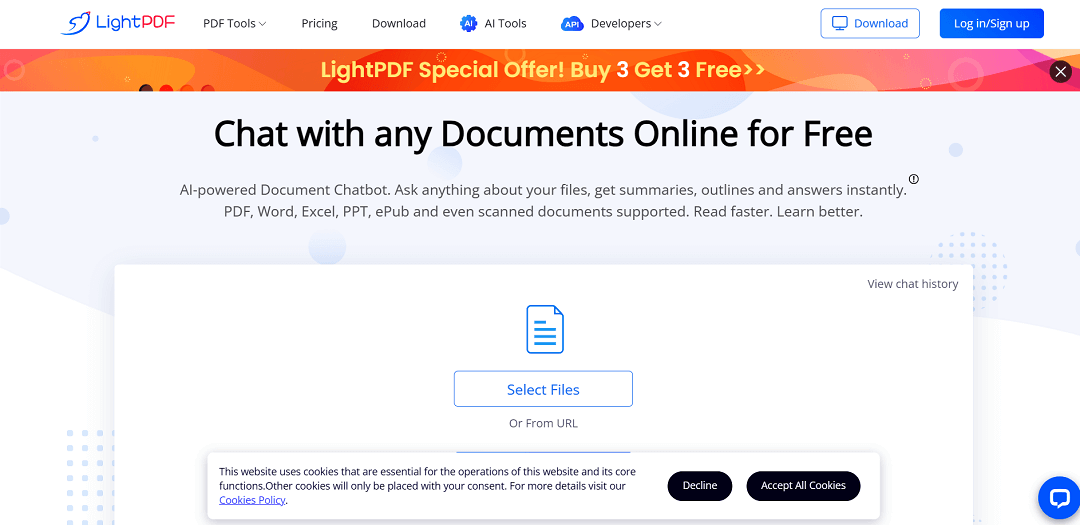 LightPDF AI for Docs is a user-friendly online tool that utilizes artificial intelligence to summarize and extract insights from various document formats such as PDF, Word, Excel, and PPT.