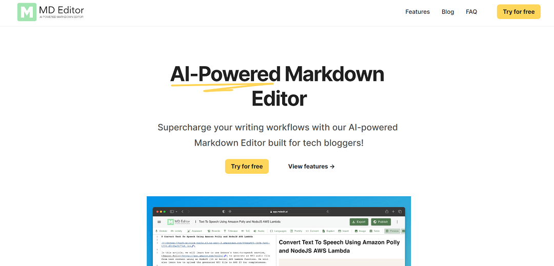 MD Editor is an innovative markdown editor built for tech writers, utilizing AI to enhance writing and streamline workflows. It offers smart features tailored for technical writing, including intelligent suggestions, formatting aid, and code highlighting.