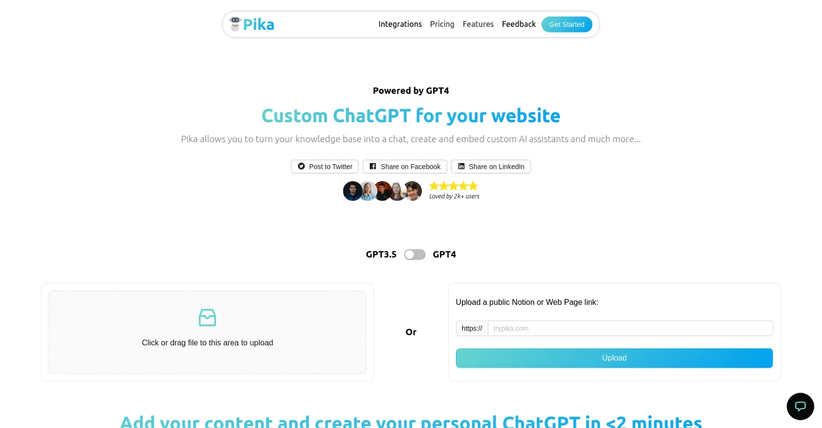 Pika allows you to turn your knowledge base into a chat, create and embed custom AI assistants, and much more.