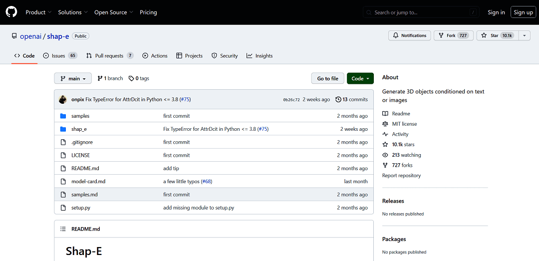 The openai/shap-e GitHub repository houses an impressive AI tool that effortlessly generates 3D objects using text or images. Users can actively contribute by signing up on GitHub.