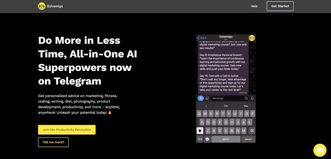 Solvemigo is an AI tool accessible through Telegram that provides personalized advice and insights on various topics, including marketing, fitness, coding, writing, diet, and photography.