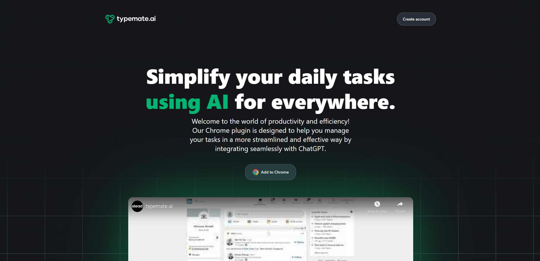 Typemate.ai is a Chrome plugin that uses AI technology to simplify daily tasks. It seamlessly integrates with ChatGPT, allowing users to manage their tasks more effectively.