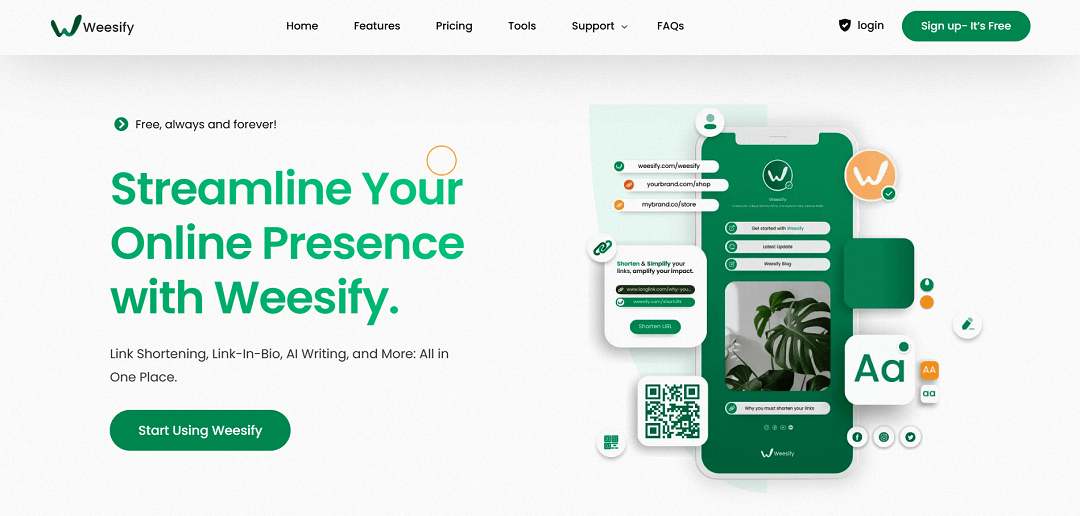 Weesify offers a comprehensive suite of web tools to enhance online presence. Users can shorten links, create bio-links, generate QR codes, and even use AI for content writing. This