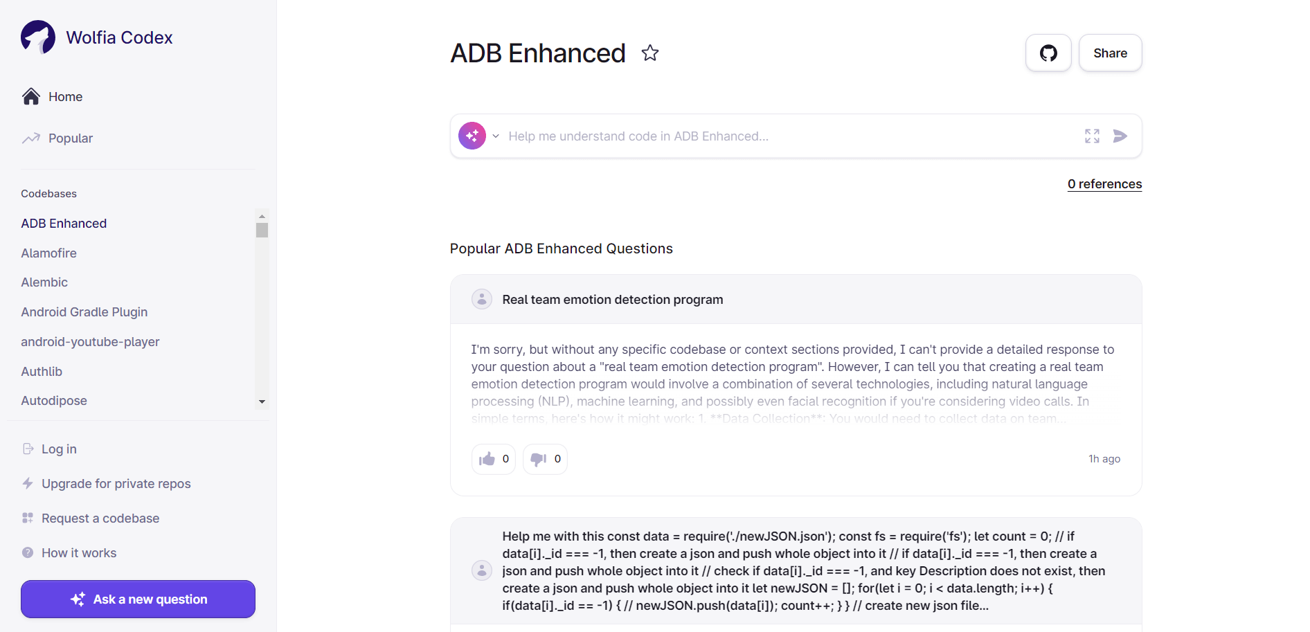 Codex, developed by Wolfia, is an AI tool that accelerates developers' codebase searches. By allowing queries in everyday language, it eliminates the need to manually navigate vast code repositories.