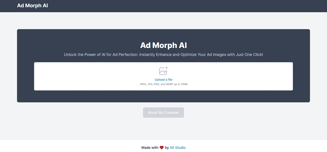 Ad Morph AI, developed by AE Studio, is a powerful tool designed to effortlessly enhance and optimize advertising images with a simple click. It caters to popular image formats like JPEG, JPG, PNG, and WEBP, accommodating files up to 10MB in size. 