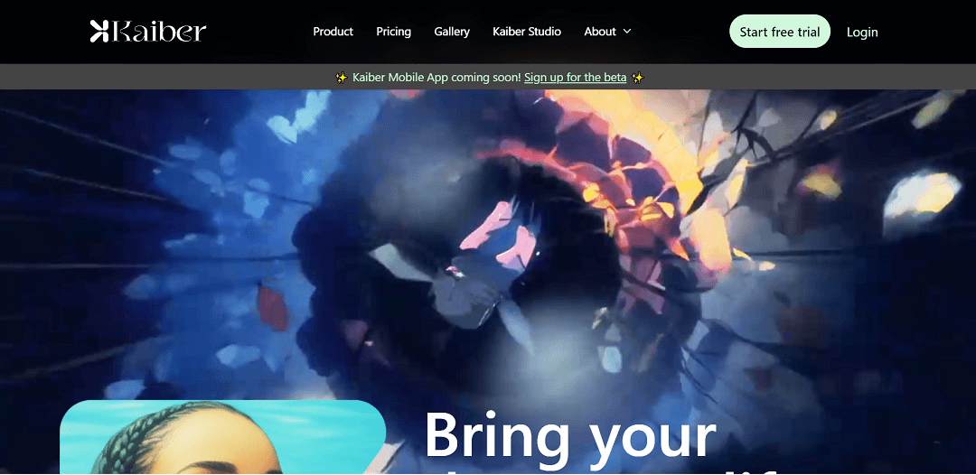 Kaiber, an innovative AI video tool, empowers users to craft captivating visuals from their images or text descriptions. It effortlessly transforms creative ideas into mesmerizing videos with diverse styles like anime, concept art, and more.