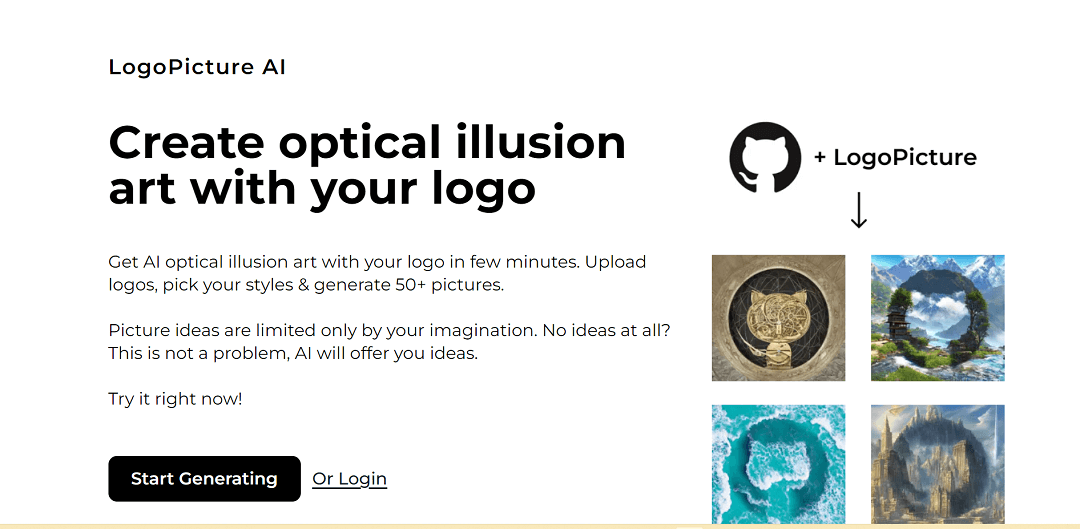 LogoPicture AI simplifies the process of creating optical illusion artwork with your own logo. You can effortlessly upload your logo in PNG or JPEG format, and the tool will generate a variety of artistic images that cleverly incorporate your logo. 