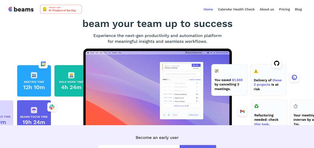 Usebeams.com introduces itself as a next-gen productivity and automation platform designed to enhance work efficiency through meaningful insights and seamless workflow integrations. 