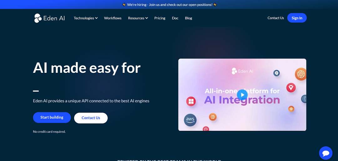 Eden AI is revolutionizing the way developers and product builders harness the power of artificial intelligence. Offering a unified API that connects to a multitude of the finest AI engines available, Eden AI simplifies the integration process, enabling users to efficiently access and utilize a broad spectrum of AI technologies. 