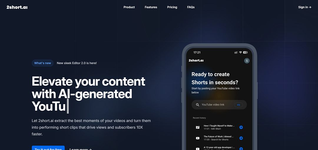 2short.ai is an innovative AI-driven tool designed to transform lengthy YouTube videos into engaging short clips ideal for social media platforms like YouTube Shorts, TikTok, and Instagram Reels. 