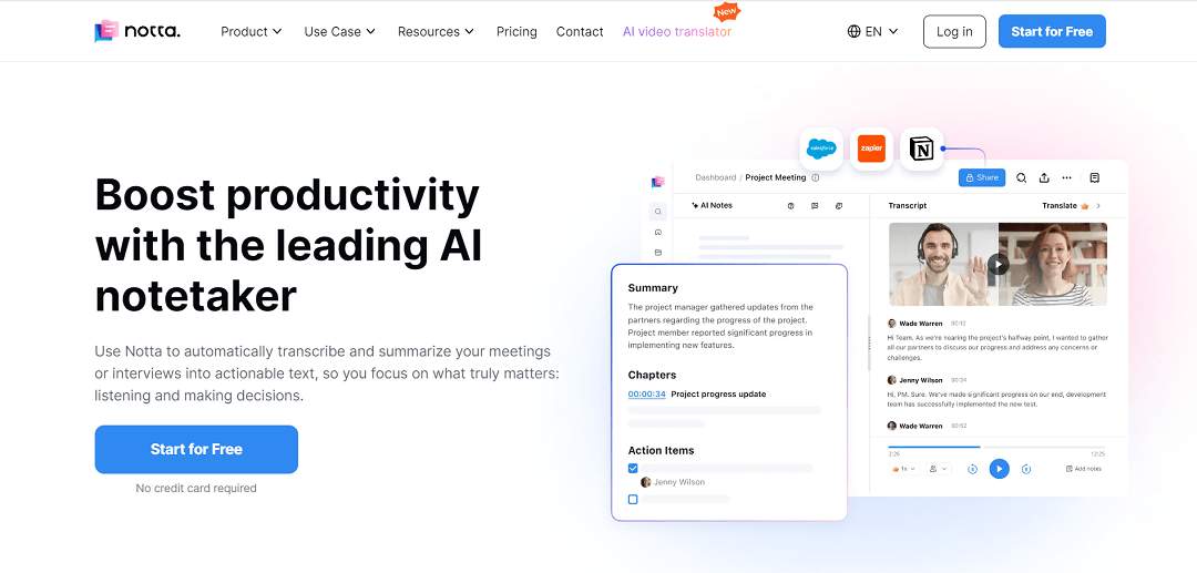 Notta is an advanced AI-driven platform focused on enhancing productivity through streamlined audio and video transcription and summarization services, making it an indispensable tool for various professional sectors.